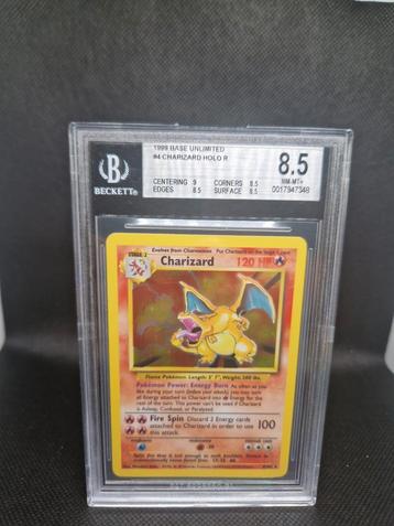 Charizard Holo Base Unlimited BGS 8.5, Hobby en Vrije tijd, Ophalen of Verzenden, Zo goed als nieuw
