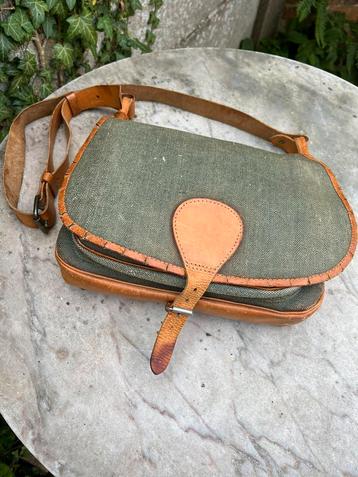 Vintage handtas in kaki canvas en natuurleder