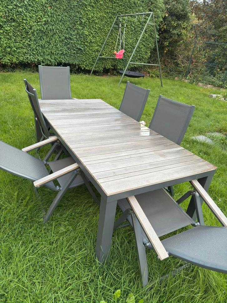 Tuintafel van teakhout en aluminium + 6 stoelen, Tuin en Terras, Tuinsets en Loungesets, Nieuw, Loungeset, Teakhout, 6 zitplaatsen