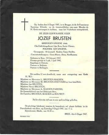 Rouwbrief Jozef Brusten Krijgs- en Politiek gevangene 6/8/47, Verzamelen, Verzenden
