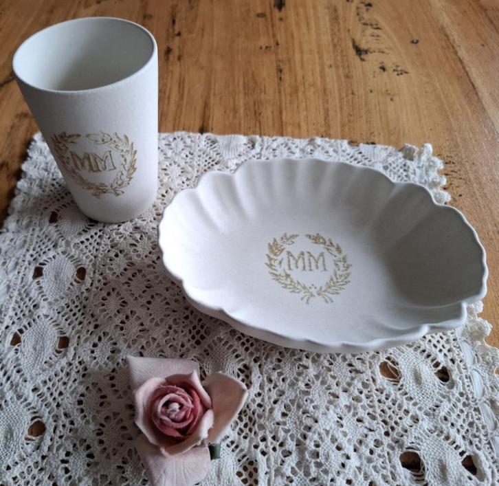 Vintage Engelse zeepschaal + beker, HADIDA, initialen MM, Antiek en Kunst, Curiosa en Brocante, Ophalen of Verzenden