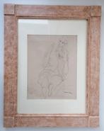 Potloodtekening op papier - Zittende jonge vrouw, Antiek en Kunst, Ophalen