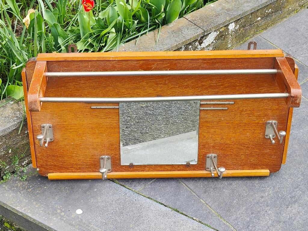 Vintage houten wandkapstok met spiegel en hoedenplank, Ophalen of Verzenden, Gebruikt, Wandkapstok