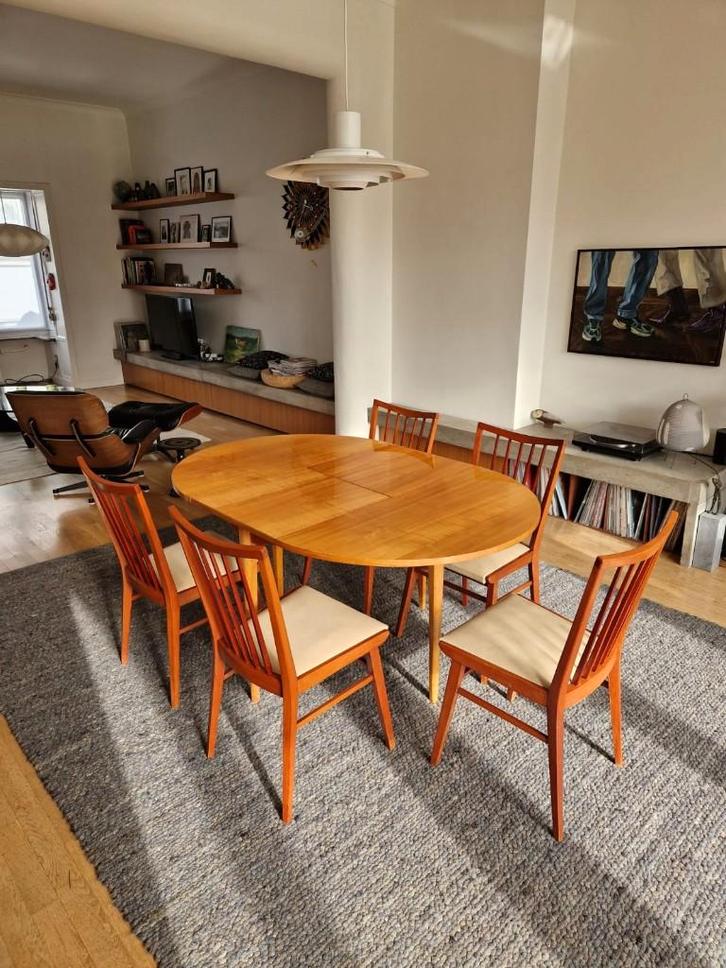 Set van 5 vintage sixties stoelen | midcentury stoelen, Huis en Inrichting, Stoelen, Gebruikt, Hout, Leer, Ophalen