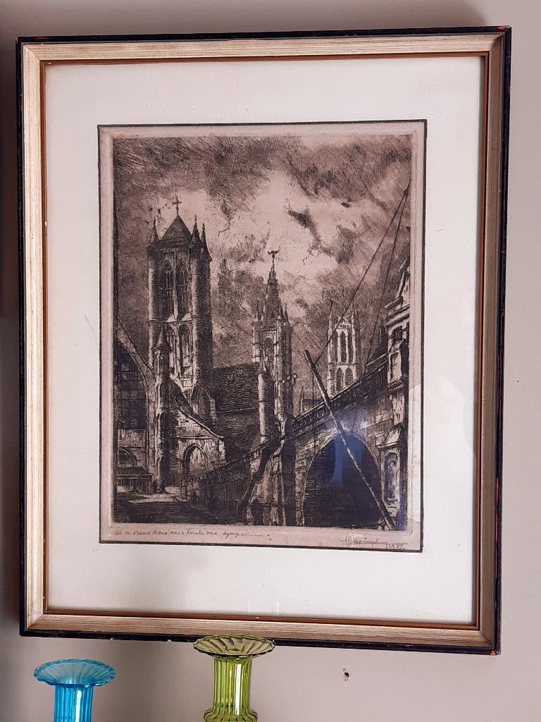 Etsen en Gravures, Antiek en Kunst, Kunst | Etsen en Gravures, Ophalen of Verzenden, Ets, Ingelijst