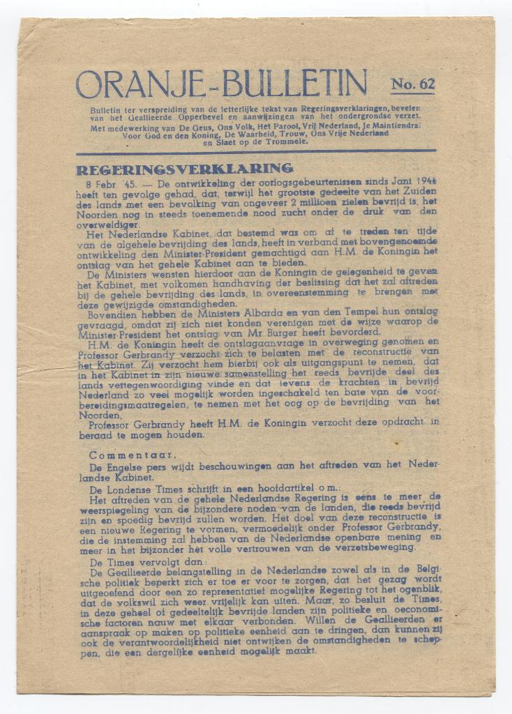 (Illegaal) Oranje bulletin nr.62 8 februari 1945, Verzenden, Landmacht, Foto of Poster