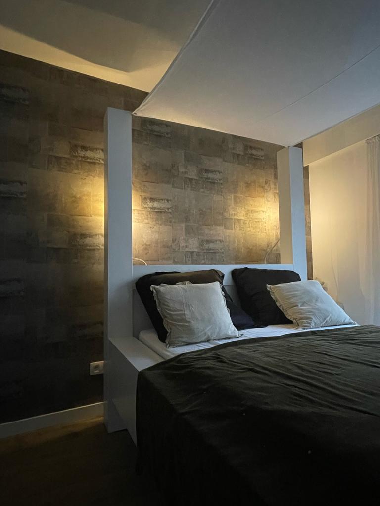 Tweepersoons hemelbed 140x200 met verlichting + matras, Ophalen, Gebruikt, Wit, Tweepersoons