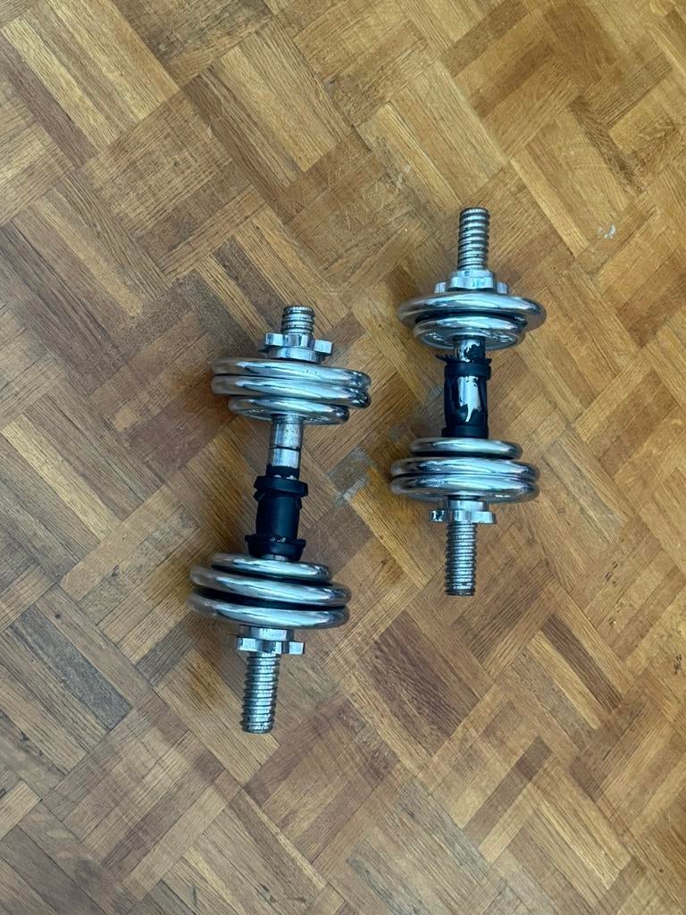 2 Haltères chromés et poids 13kg, Sports & Fitness, Équipement de fitness, Enlèvement ou Envoi, Utilisé, Bras, Haltère