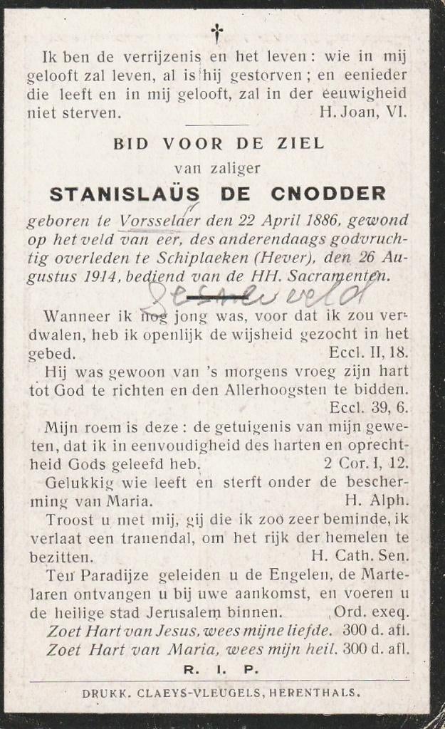 Gesneuvelde 1914-1918 Stanislas De Cnodder, Verzamelen, Bidprentjes en Rouwkaarten, Ophalen