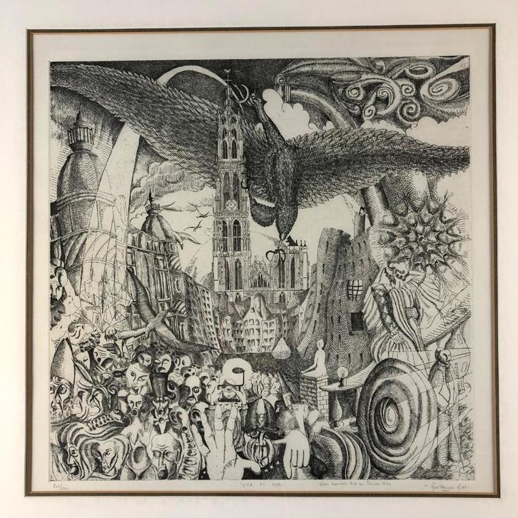 Guillaume Liat – Ets “Vita et Mors” – zicht op Antwerpen, Antiquités & Art, Art | Eaux-fortes & Gravures, Enlèvement