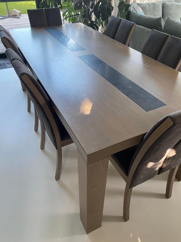 Eiken tafel (en 6 stoelen) met ingebouwde blauwe natuursteen, Ophalen, Gebruikt