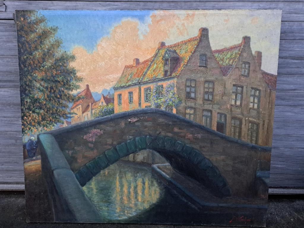 huile sur toile bruges signe michel verfaille, Antiquités & Art, Enlèvement ou Envoi