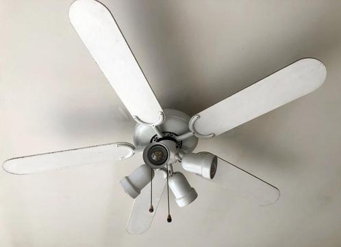 Ventilateur + 4 spots éclairage - plafonnier vintage, Huis en Inrichting, Lampen | Plafondlampen, Gebruikt, Hout, Metaal, Ophalen