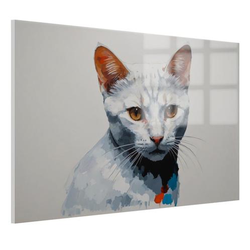 Portret witte kat Glasschilderij 105x70cm + Ophangsysteem, Huis en Inrichting, Woonaccessoires | Schilderijen, Tekeningen en Foto's