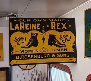 Dubbelzijdig antiek USA tin sign van LaReine Rex shoes. beschikbaar voor biedingen