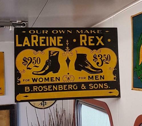 Dubbelzijdig antiek USA tin sign van LaReine Rex shoes., Verzamelen, Merken en Reclamevoorwerpen, Gebruikt, Reclamebord, Ophalen of Verzenden