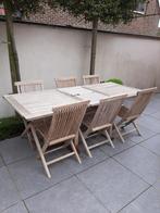 Table de jardin 210x90 et 6 chaises en teck + coussins, Jardin & Terrasse, Tables de jardin, Rectangulaire, Enlèvement, Utilisé