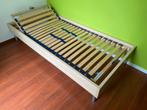 Bedframe + verstelbare lattenbodem, Huis en Inrichting, Slaapkamer | Bedden, Ophalen, Eenpersoons, Beige, Zo goed als nieuw