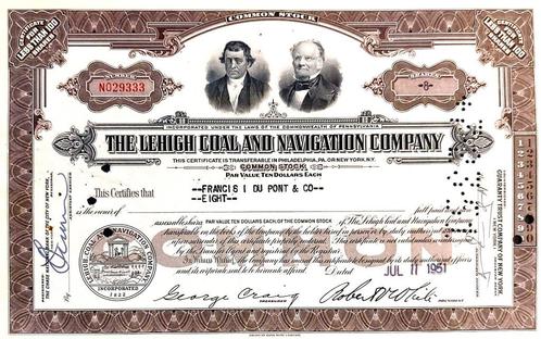 The Lehigh Coal and Navigation Company 1951, Postzegels en Munten, Aandelen en Waardepapieren, Certificaat van aandeel, 1950 tot 1970