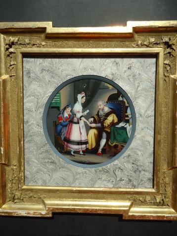 1843 ancienne peinture églomisée, le vieux liseur de cartes