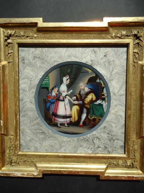 1843 ancienne peinture églomisée, le vieux liseur de cartes, Antiquités & Art, Art | Peinture | Classique, Enlèvement