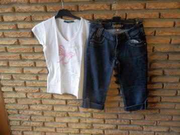 (9)- jeans ¾ femme t.38 bleu - onado + tee shirt, Comme neuf, W30 - W32 (confection 38/40), Bleu, Onado