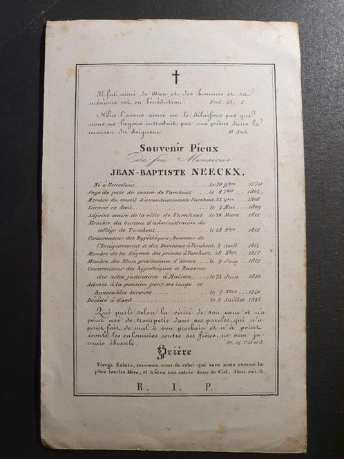 Carte de décès Jean Neeckx Herenthout Juge Turnhout Gand, Collections, Images pieuses & Faire-part, Carte de condoléances, Enlèvement ou Envoi