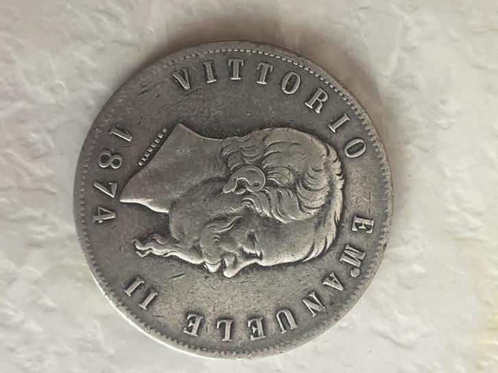 5 Lire – Vittorio Emanuele II (1874), Postzegels en Munten, Munten | Europa | Euromunten, Italië, Zilver, Ophalen