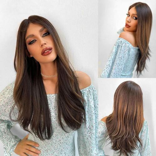 Swiss lace front pruik lang donkerbruin haar met highlights, Handtassen en Accessoires, Uiterlijk | Haarverzorging, Nieuw, Pruik of Haarverlenging