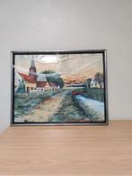 Schilderij waterverf, landschap dorp met kerk, M.De Wilde, Antiek en Kunst, Ophalen