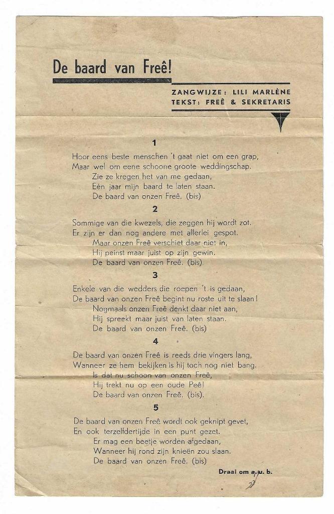 Oude liedtekst " De baard van Freê " (Verzam-010), Verzamelen, Overige Verzamelen, Gebruikt, Ophalen of Verzenden