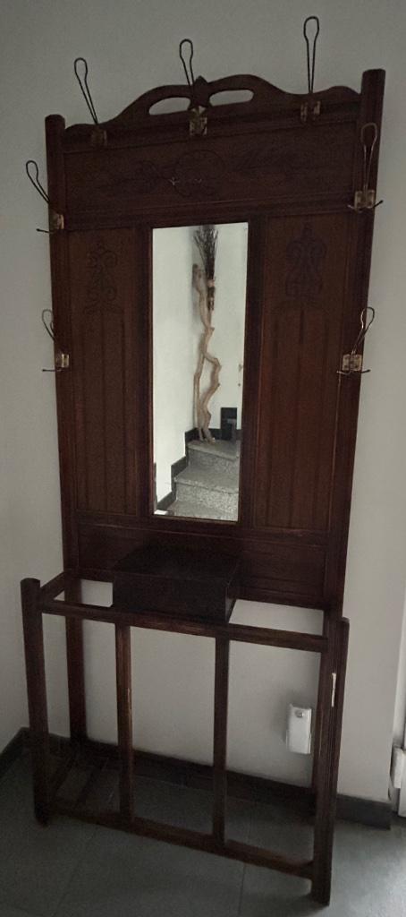 Oude, antieke kapstok met spiegel en opbergbakje, Huis en Inrichting, Woonaccessoires | Kapstokken, Gebruikt, Wandkapstok, 200 cm of meer