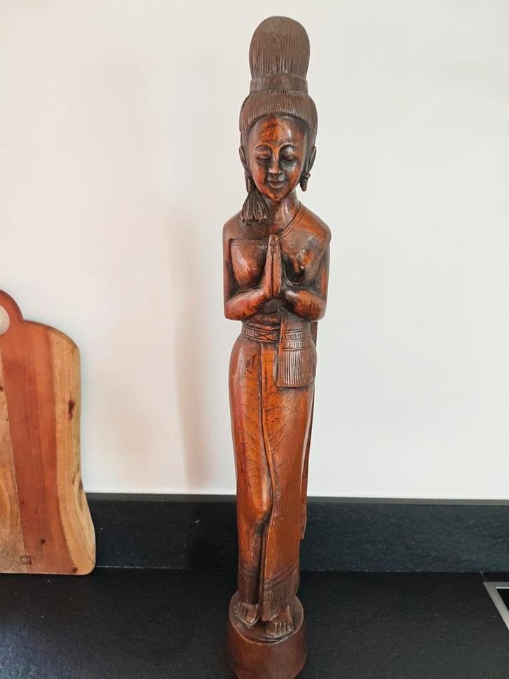 Groot houten beeld Thaise vrouw, 82cm hardhout, Huis en Inrichting, Woonaccessoires | Overige, Ophalen of Verzenden