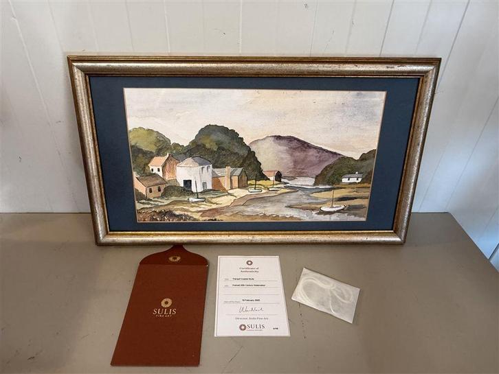 Ingelijste 20e Eeuw Aquarel - Kustlandschap - Tranquiel Tafe, Antiek en Kunst, Kunst | Schilderijen | Klassiek, Ophalen of Verzenden