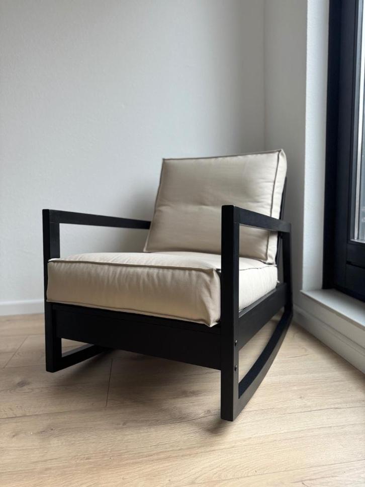 Fauteuil / schommelstoel - Zwart / Beige - Nieuwe bekleding!, Huis en Inrichting, Fauteuils, Zo goed als nieuw, Hout, Stof, 50 tot 75 cm