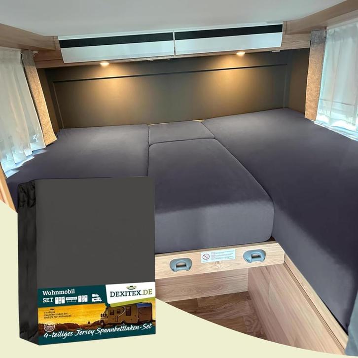 Jersey hoeslakenset - 4 delig met midden matras - Antraciet, Caravans en Kamperen, Caravanaccessoires