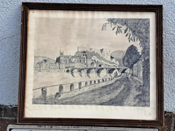 Lithographie vue de huy signe, Antiek en Kunst, Kunst | Litho's en Zeefdrukken, Ophalen of Verzenden