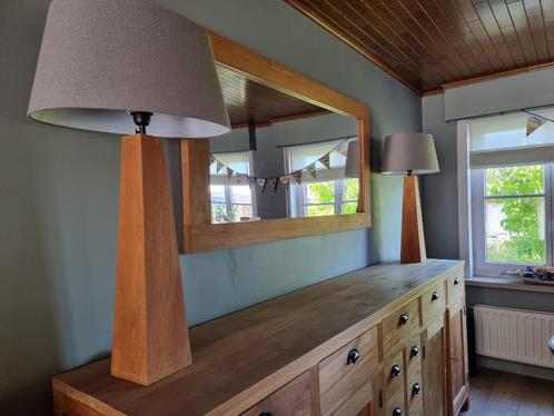Set landelijke teak meubels – dressoir, spiegel & 2 tafellam, Huis en Inrichting, Kasten | Dressoirs, Zo goed als nieuw, 200 cm of meer