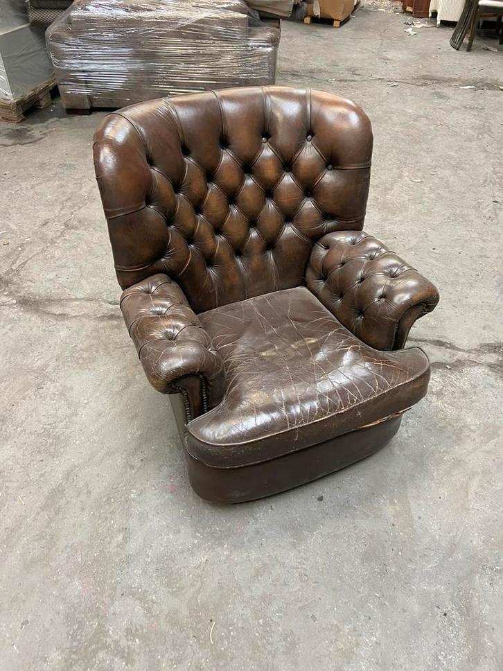 Antieke leren zetel gentlemans era, Huis en Inrichting, Fauteuils, Gebruikt, Leer, 75 tot 100 cm, 75 tot 100 cm, Ophalen