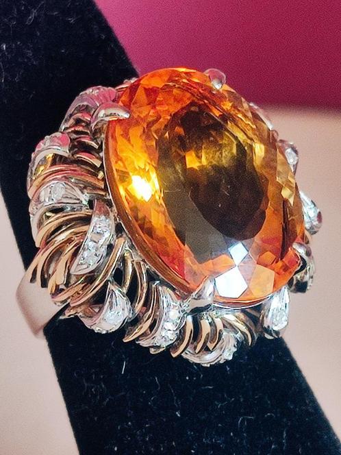 Cocktail ring met citrien 16kt en diamanten 0,28kt, Handtassen en Accessoires, Ringen, Zo goed als nieuw, Dame, 17 tot 18, Goud