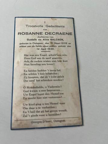 Rouwkaart R.Decraene  Ootegem 1939 + 1939