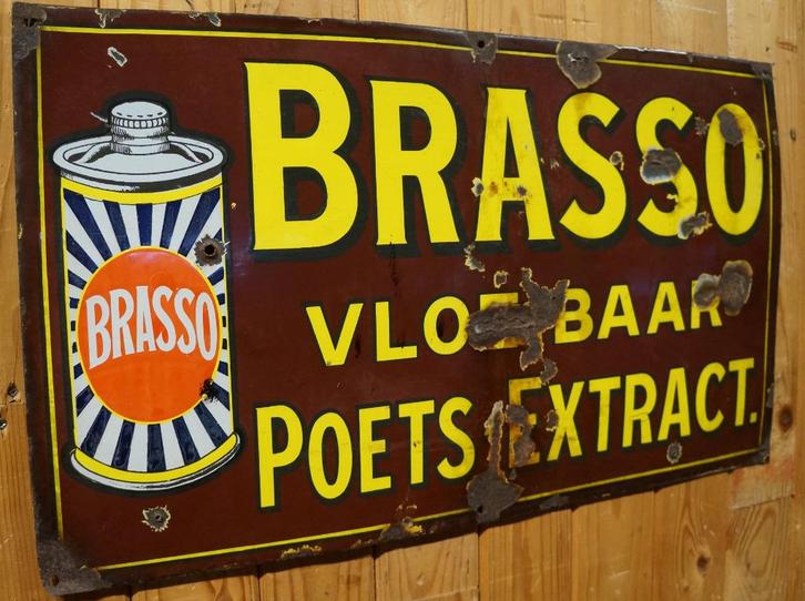 Antiek emaille Brasso Reclamebord Vloeibaar Poets Extract 19, Verzamelen, Merken en Reclamevoorwerpen, Gebruikt, Reclamebord, Ophalen