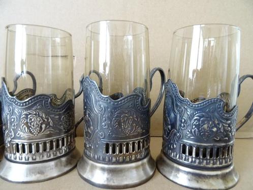 Vintage theeglazen verzilverde theeglazen Sovjet-Unie 1970, Antiek en Kunst, Curiosa en Brocante, Ophalen of Verzenden