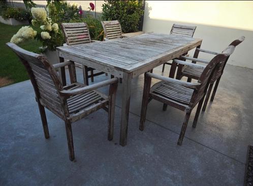 Tuintafel met 6 stoelen teak, Tuin en Terras, Tuintafels, Gebruikt, Rechthoekig, Hout, Ophalen