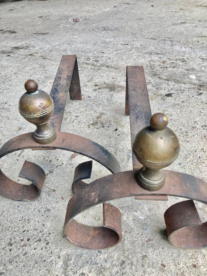 Set antieke vuurbokken met koper afgewerkt., Huis en Inrichting, Haarden, Ophalen