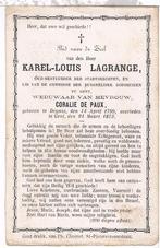 Bp. Lagrange Karel. ° Deynze 1799 † Gent 1873, Verzamelen, Bidprentjes en Rouwkaarten, Ophalen of Verzenden, Bidprentje