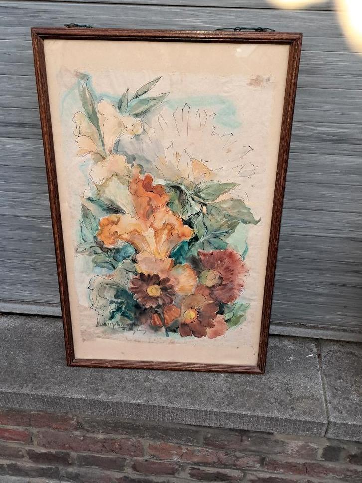 Aquarelle fleurs signe, Antiek en Kunst, Kunst | Schilderijen | Klassiek, Ophalen of Verzenden