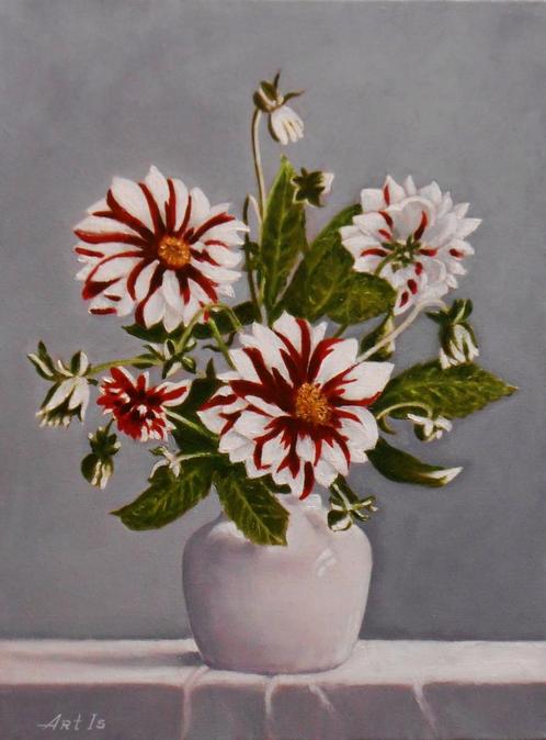 "Vaas met dahlia's" Schilderij, Antiek en Kunst, Kunst | Schilderijen | Modern, Verzenden