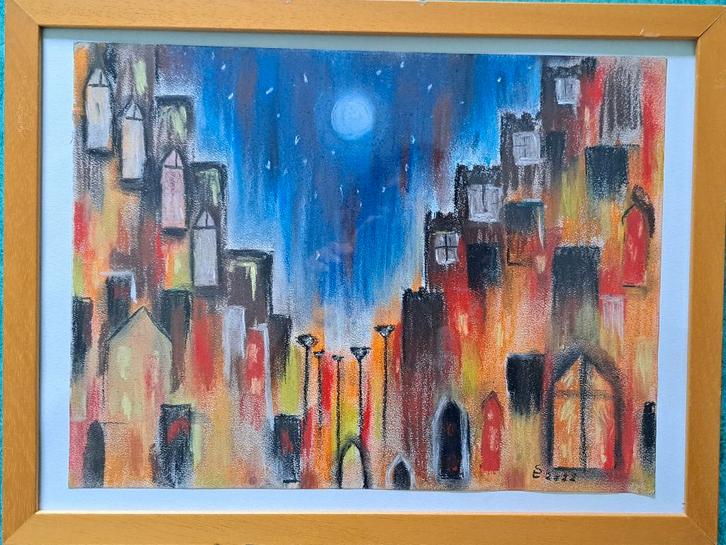 Ingelijste pastelschildering: vakantiedorp, Antiek en Kunst, Kunst | Schilderijen | Klassiek, Ophalen of Verzenden