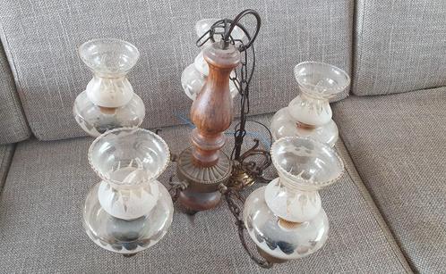 Vintage kroonluchter hanglamp van hout, metaal, glas, Huis en Inrichting, Lampen | Kroonluchters, Zo goed als nieuw, Glas, Hout
